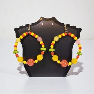 Yellow, Green and Peach Beaded Boho Circle Statement Earrings - Pierced